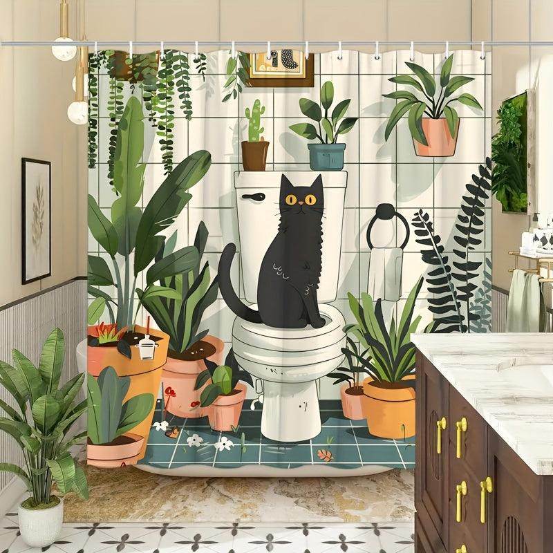 Greenery Cat Floral Potted Plants Shower Curtain - My Store
