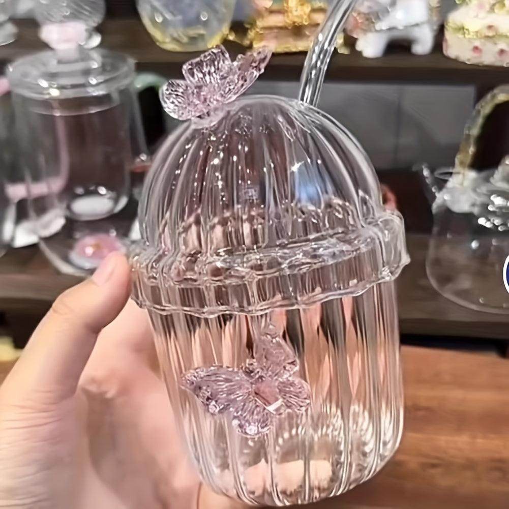 Pink Butterfly Glass Cup Set - 400ml with Lid & Straw - My Store