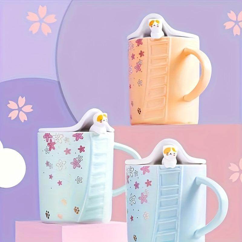 Cat-Themed Ceramic Mug Set - 2 Cups with Lids and Spoons - My Store