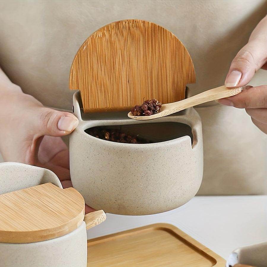 Rustic Ceramic Seasoning Jar with Bamboo Lid & Spoon - My Store