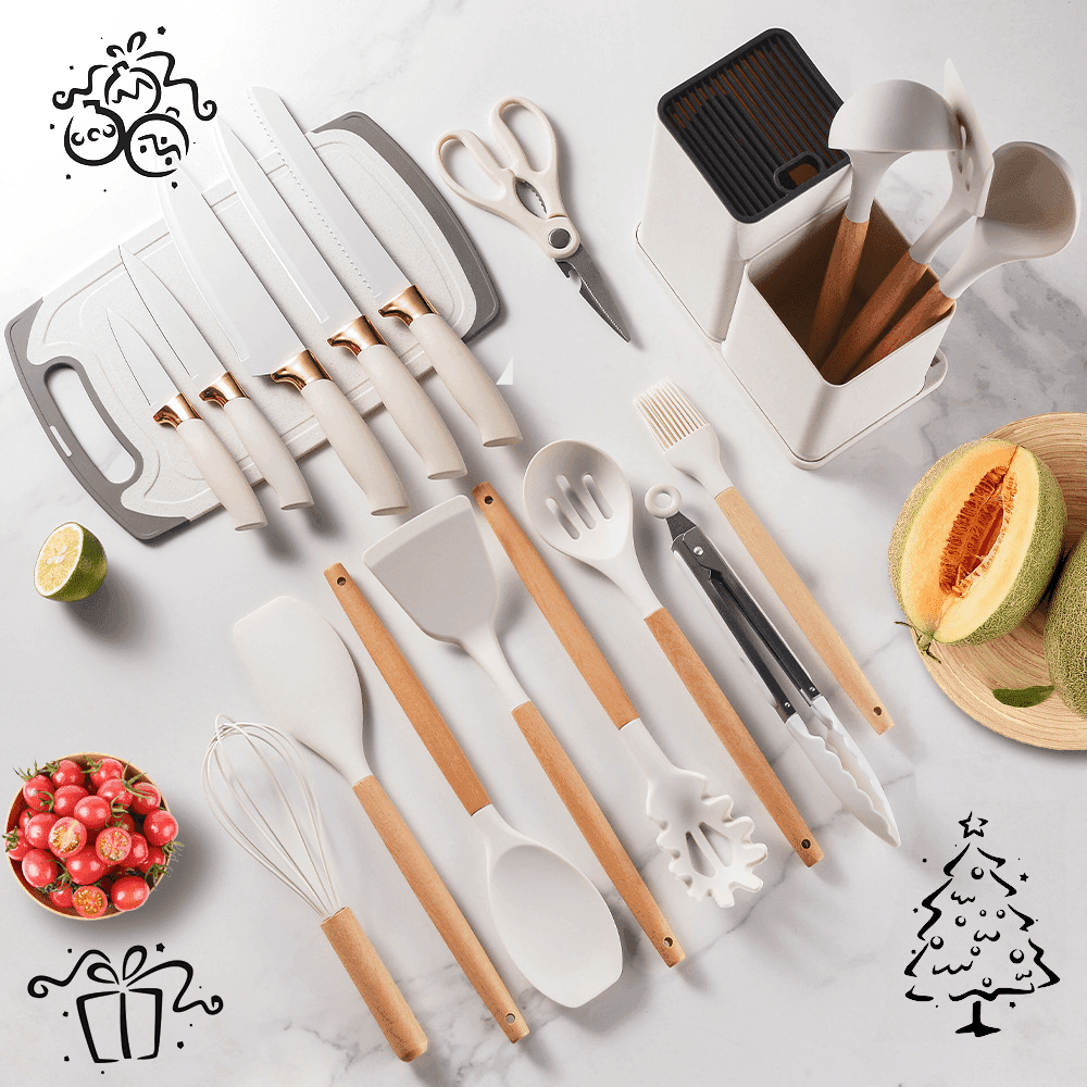 19pcs Silicone Kitchen Utensil Set with Wooden Handles - My Store