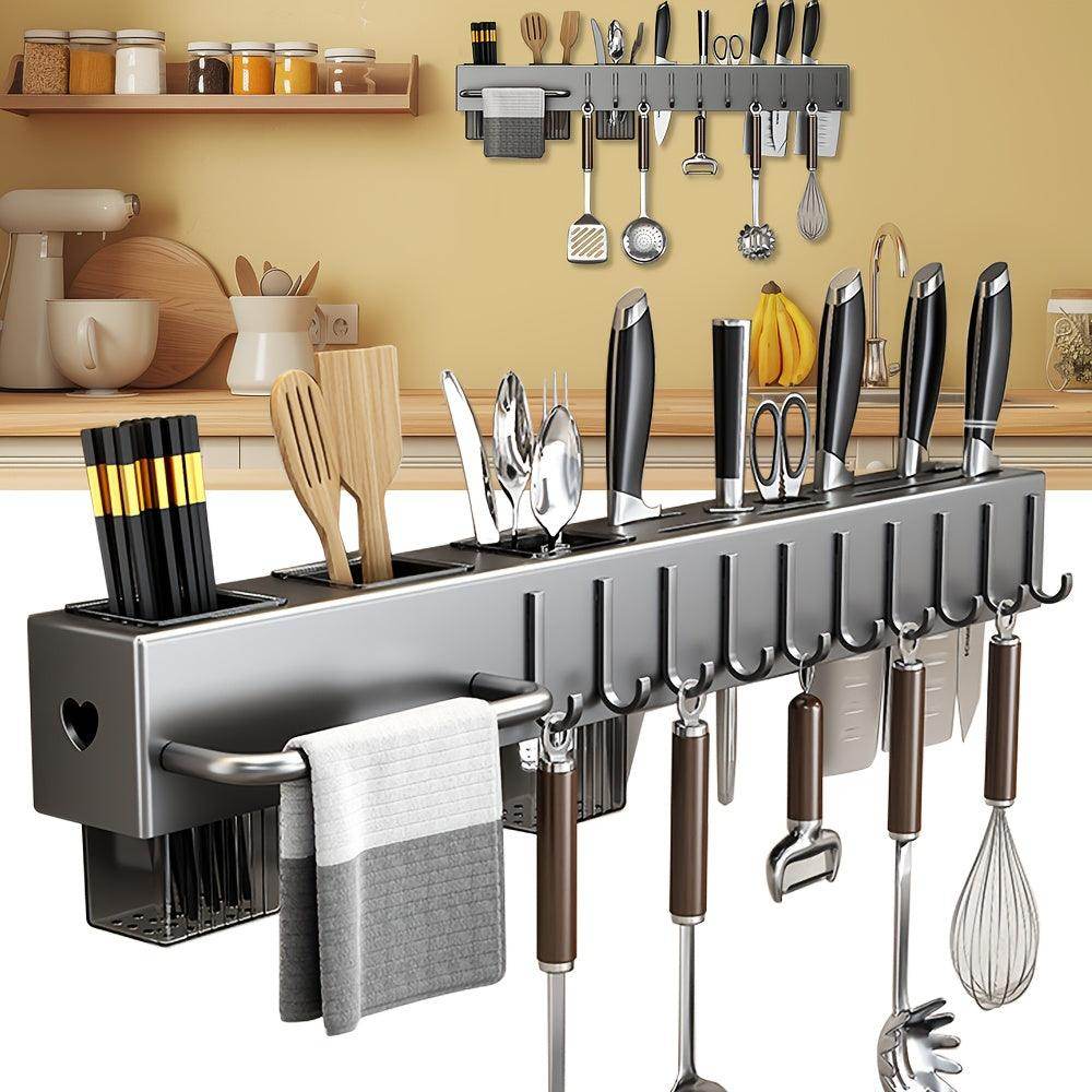 Wall-Mounted Stainless Steel Kitchen Utensil Rack with Hooks & Utensil Holder - My Store