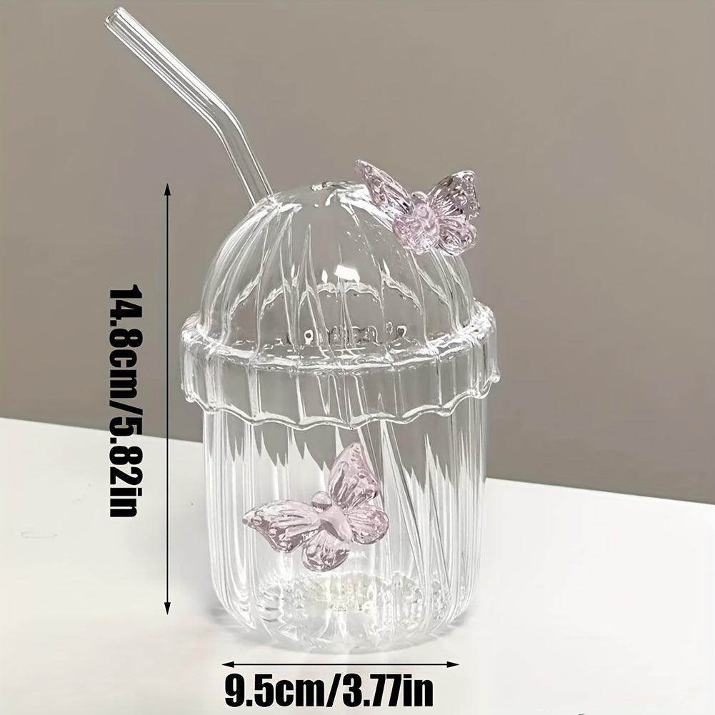 Pink Butterfly Glass Cup Set - 400ml with Lid & Straw - My Store