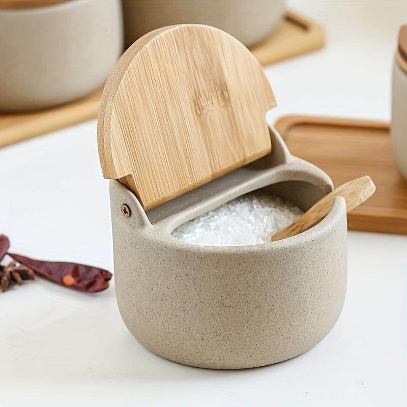 Rustic Ceramic Seasoning Jar with Bamboo Lid & Spoon - My Store