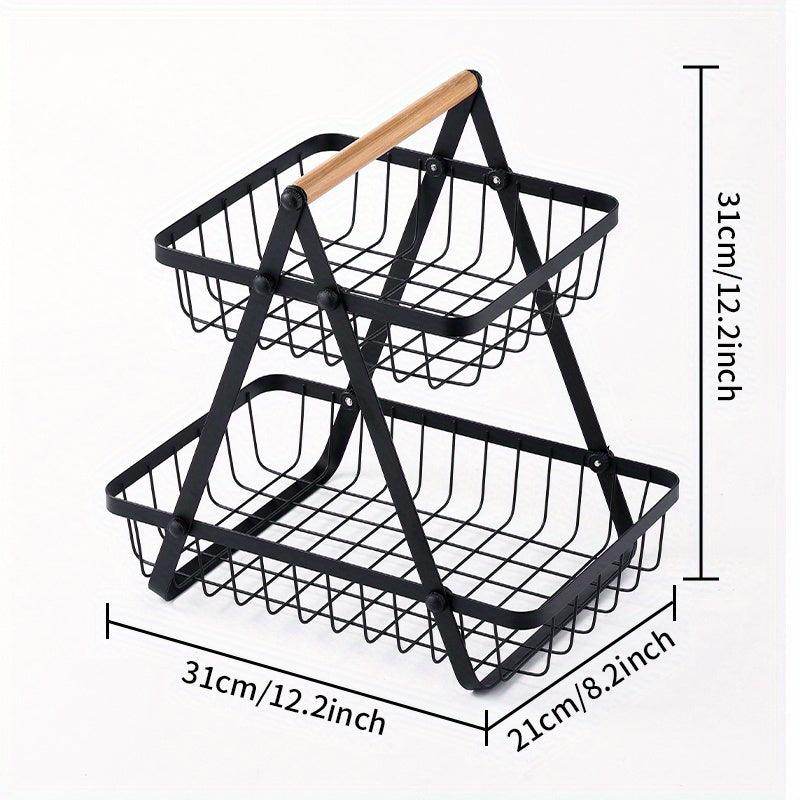 2/3-Tier Metal Wire Storage Basket with Wooden Handle - My Store