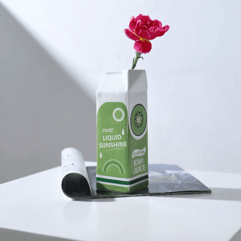 Art Deco Ceramic Kiwi Juice Carton Vase - My Store