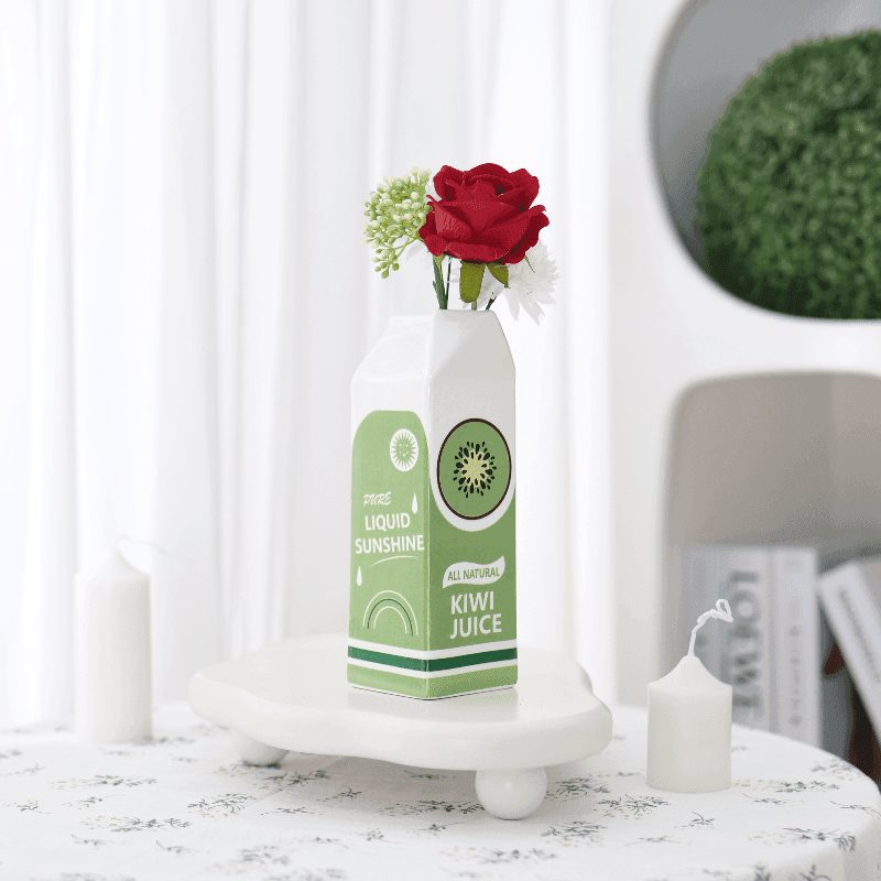 Art Deco Ceramic Kiwi Juice Carton Vase - My Store