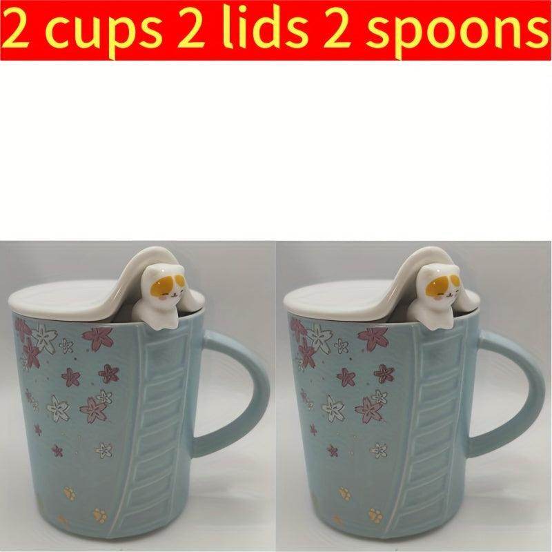 Cat-Themed Ceramic Mug Set - 2 Cups with Lids and Spoons - My Store