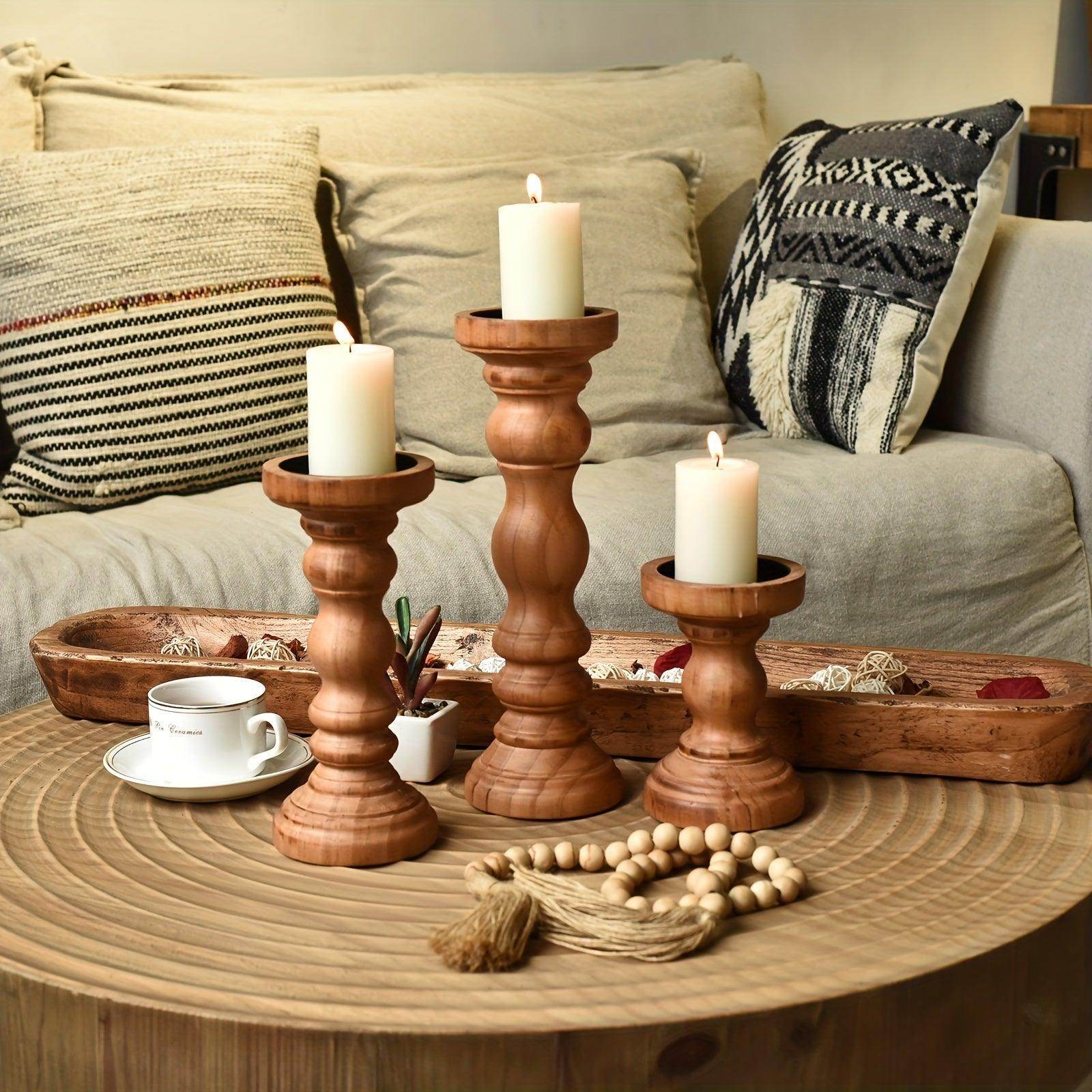 Farmhouse Wood Pillar Candle Holder Set - My Store