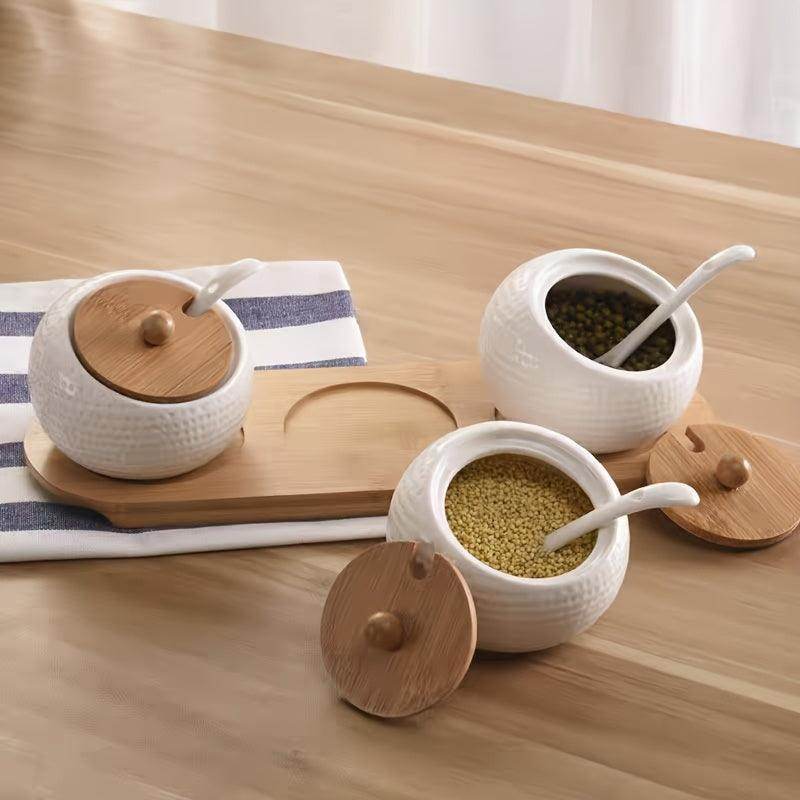 Elegant Ceramic Spice Jars with Wooden Lids & Spoons - My Store