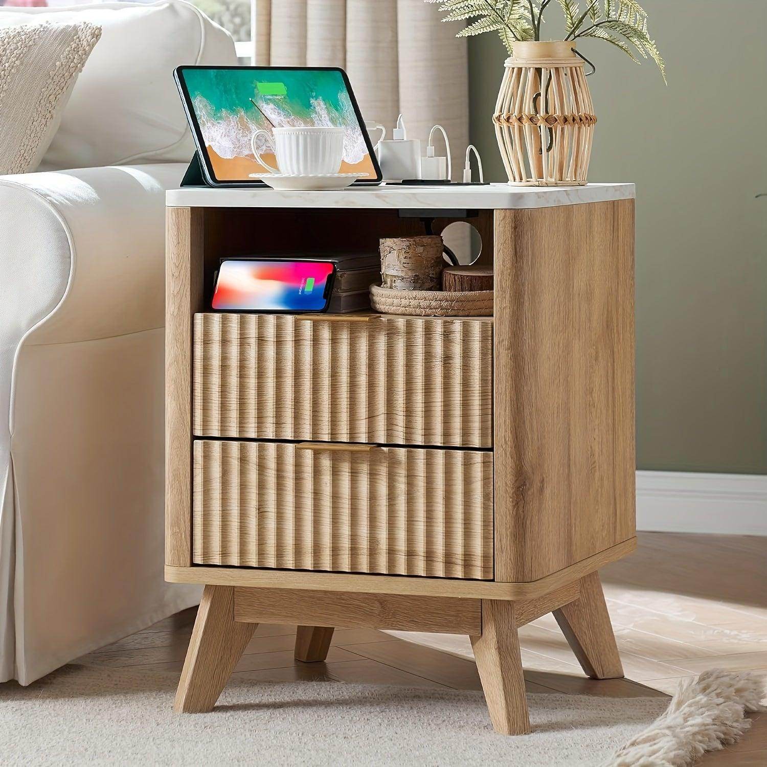 Fluted Nightstand with Charging Station - My Store