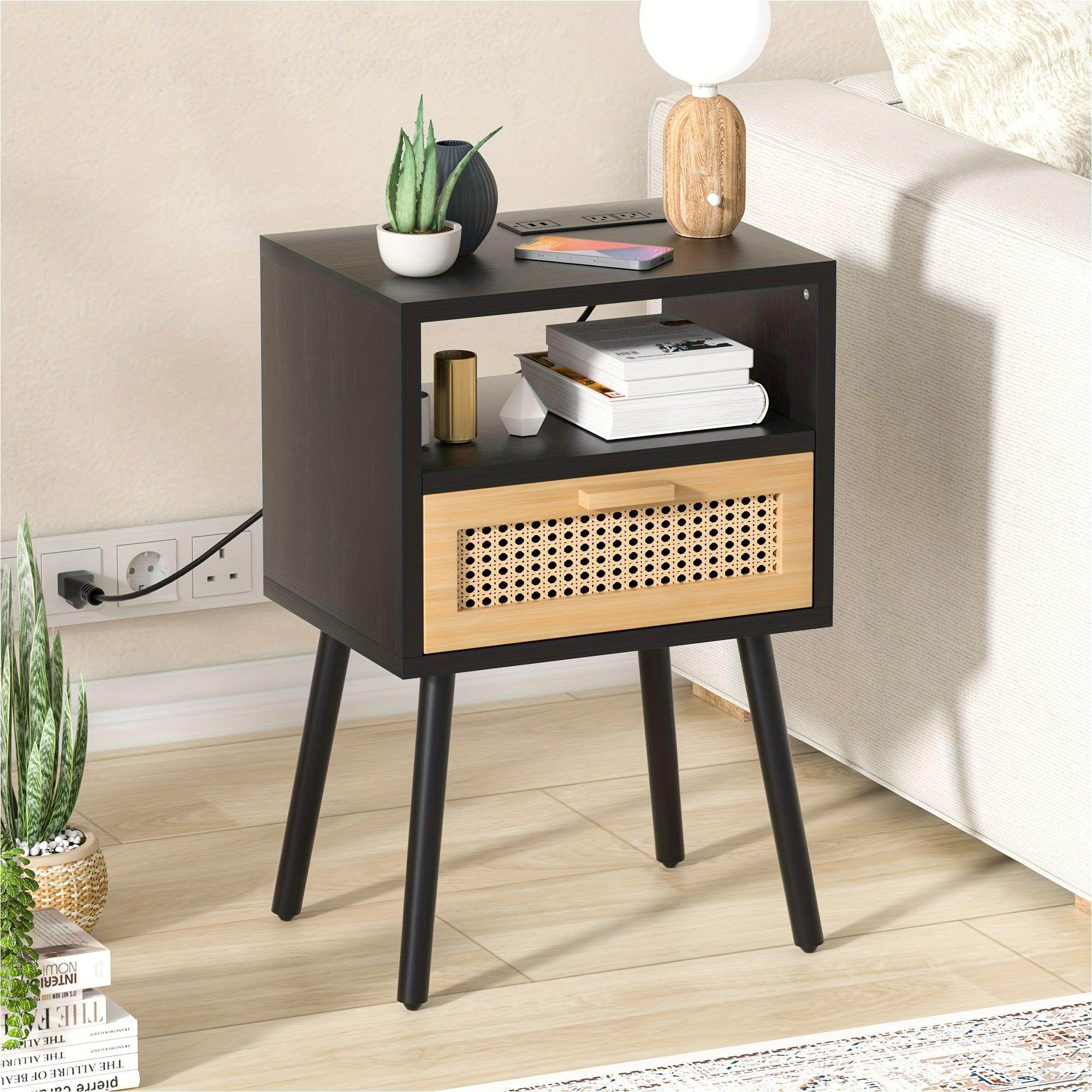 Rattan Nightstand with Charging Station & Storage Drawers - My Store