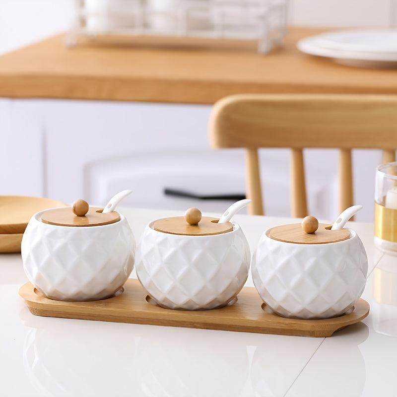 Elegant Ceramic Spice Jars with Wooden Lids & Spoons - My Store