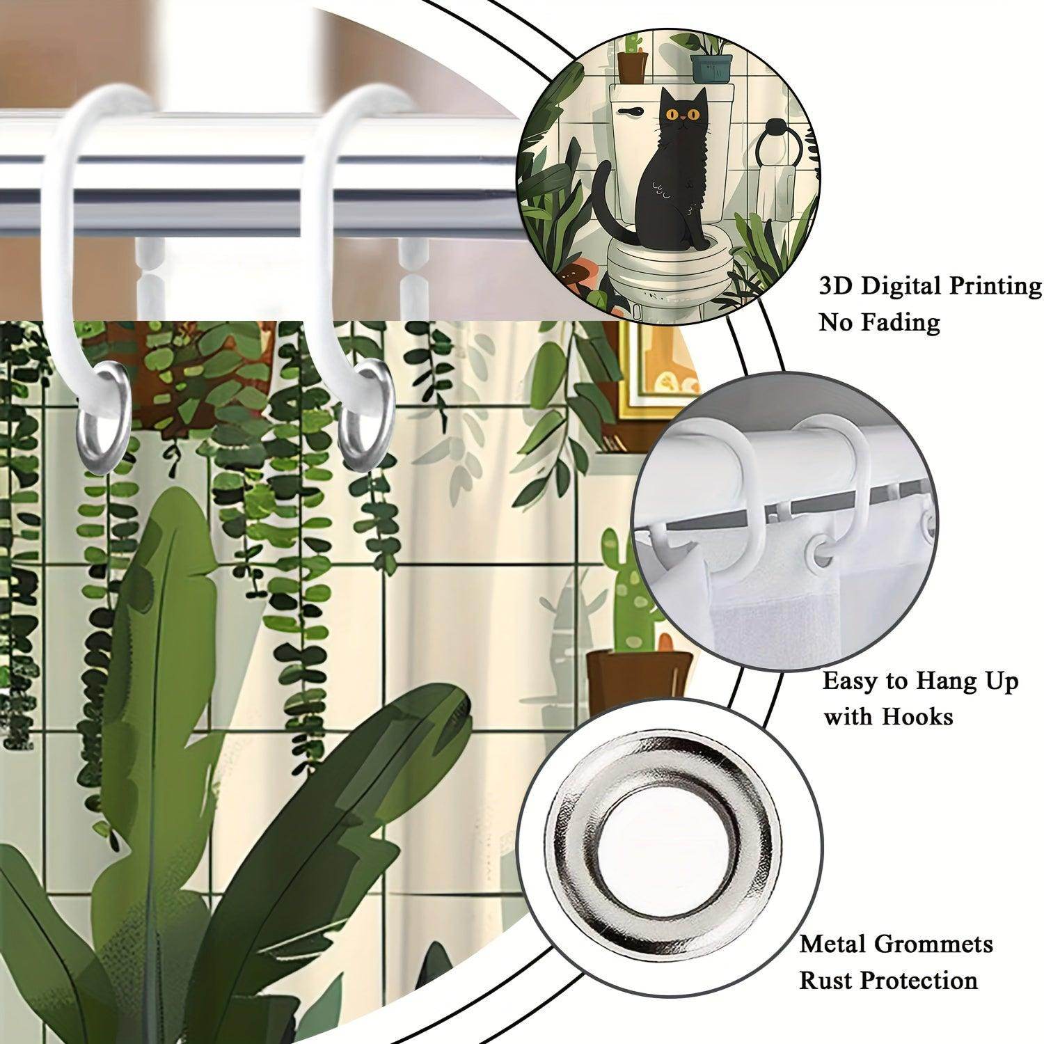 Greenery Cat Floral Potted Plants Shower Curtain - My Store