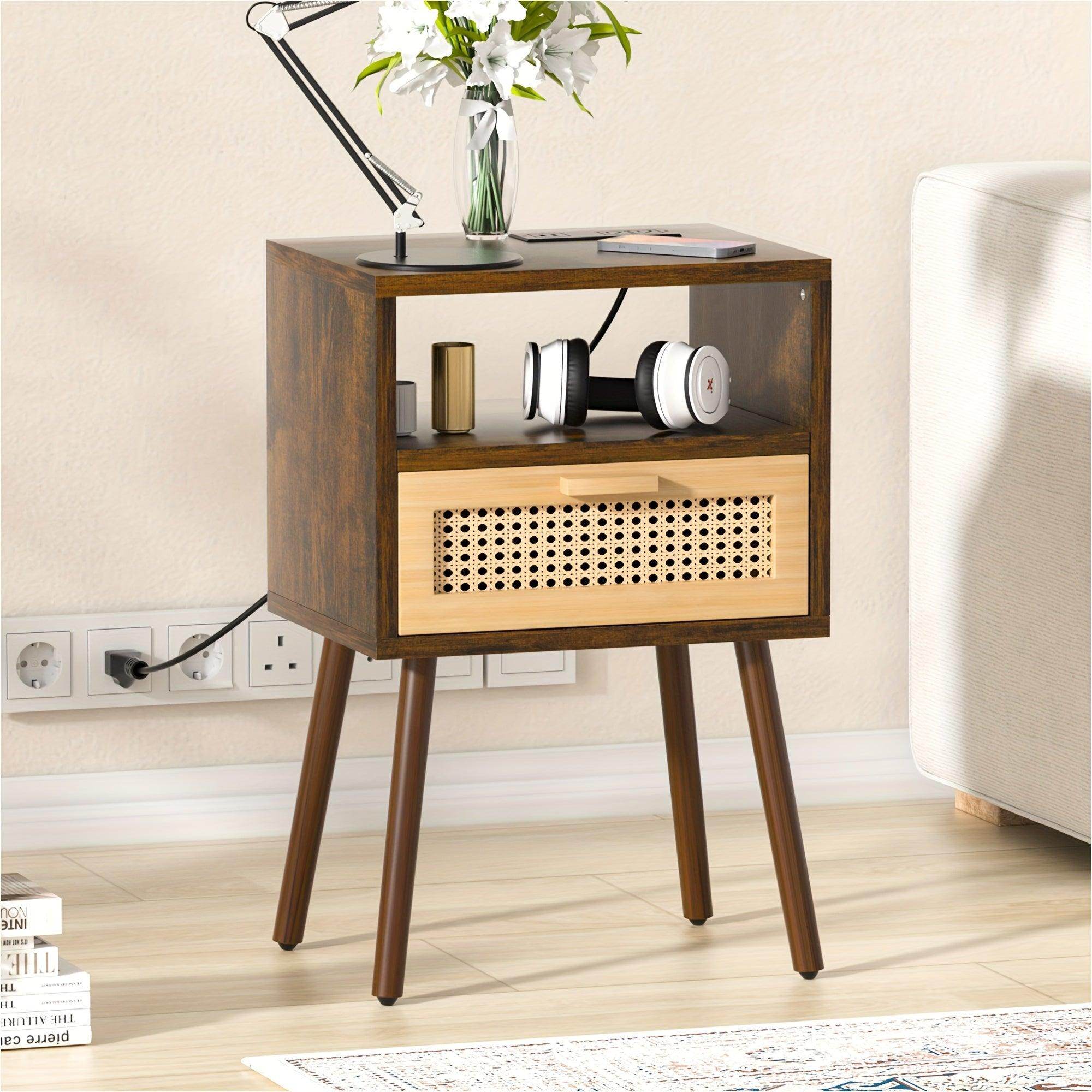 Rattan Nightstand with Charging Station & Storage Drawers - My Store