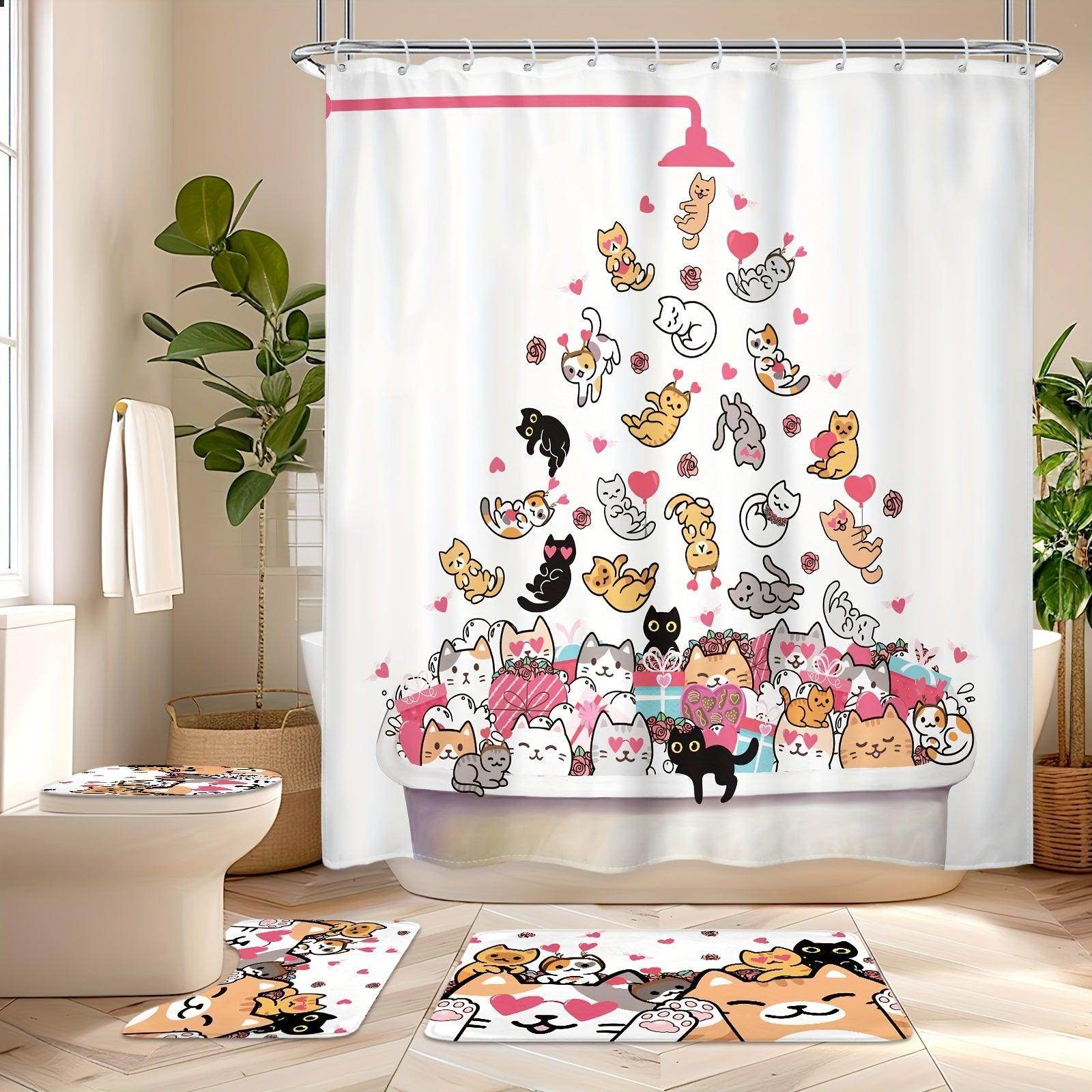 4pcs Cute Cat Shower Curtain Set with 12 Hooks - My Store