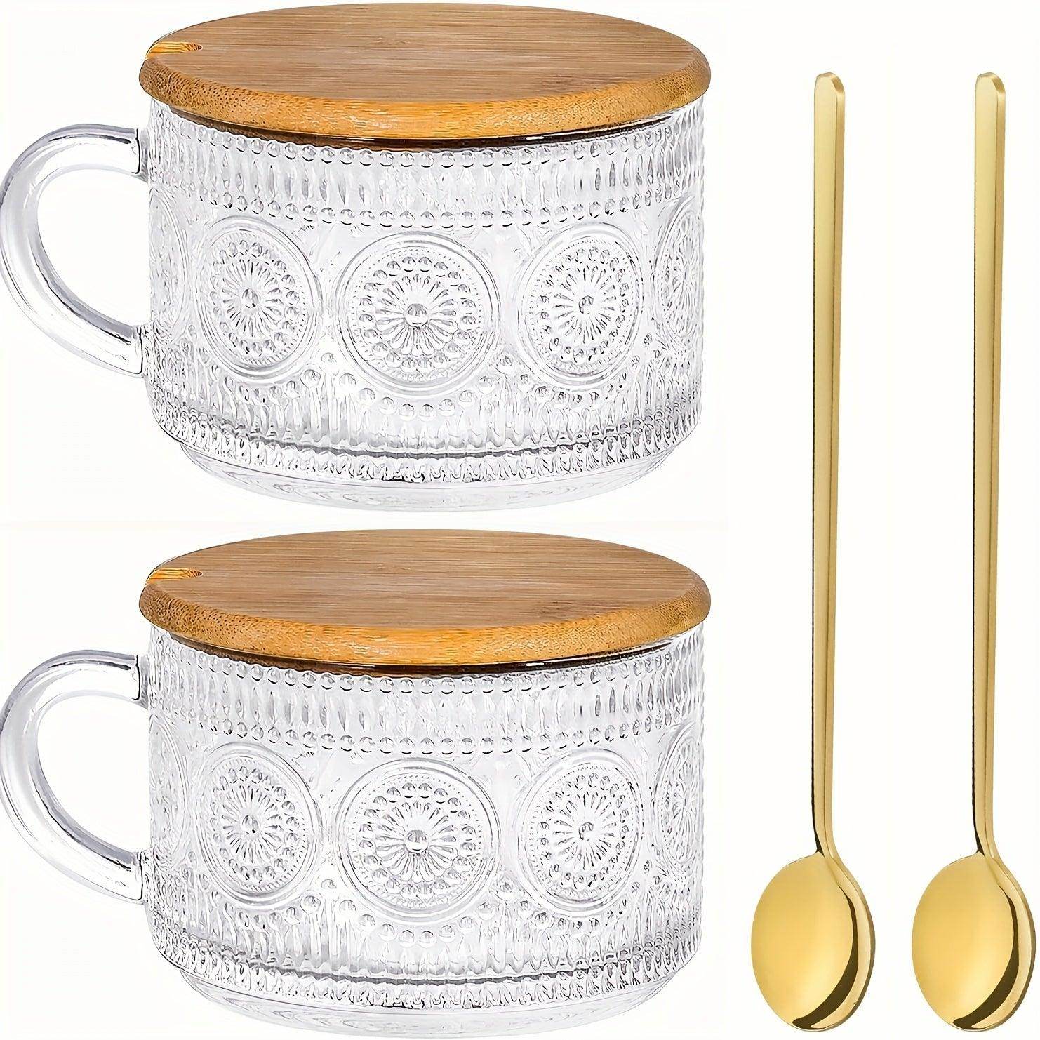 4/2pcs Coffee Cup Set - Embossed Tea Cup with Bamboo Lid & Spoon - My Store
