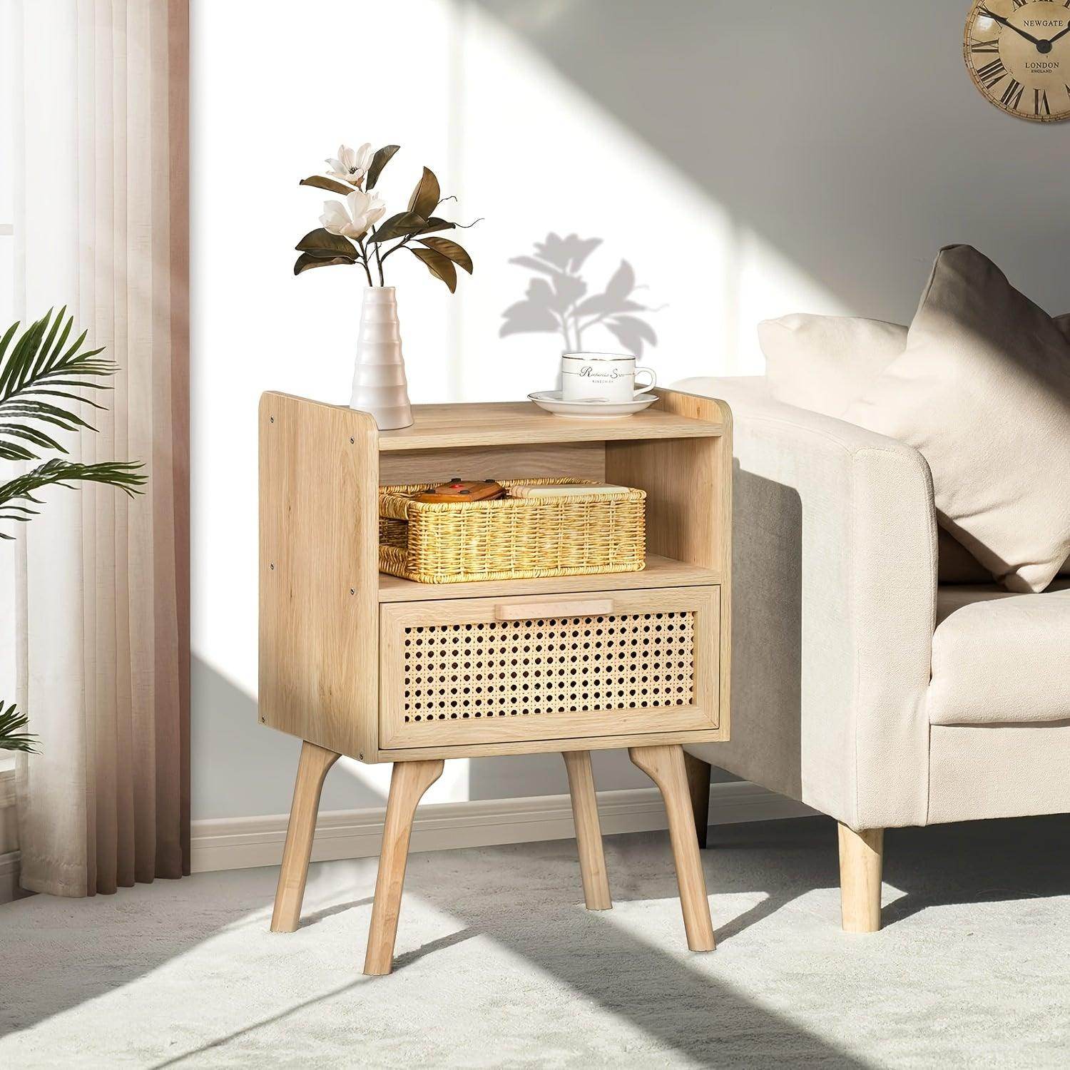 Natural Boho Rattan Nightstand with Drawer and Open Shelf - My Store