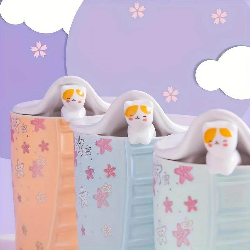Cat-Themed Ceramic Mug Set - 2 Cups with Lids and Spoons - My Store