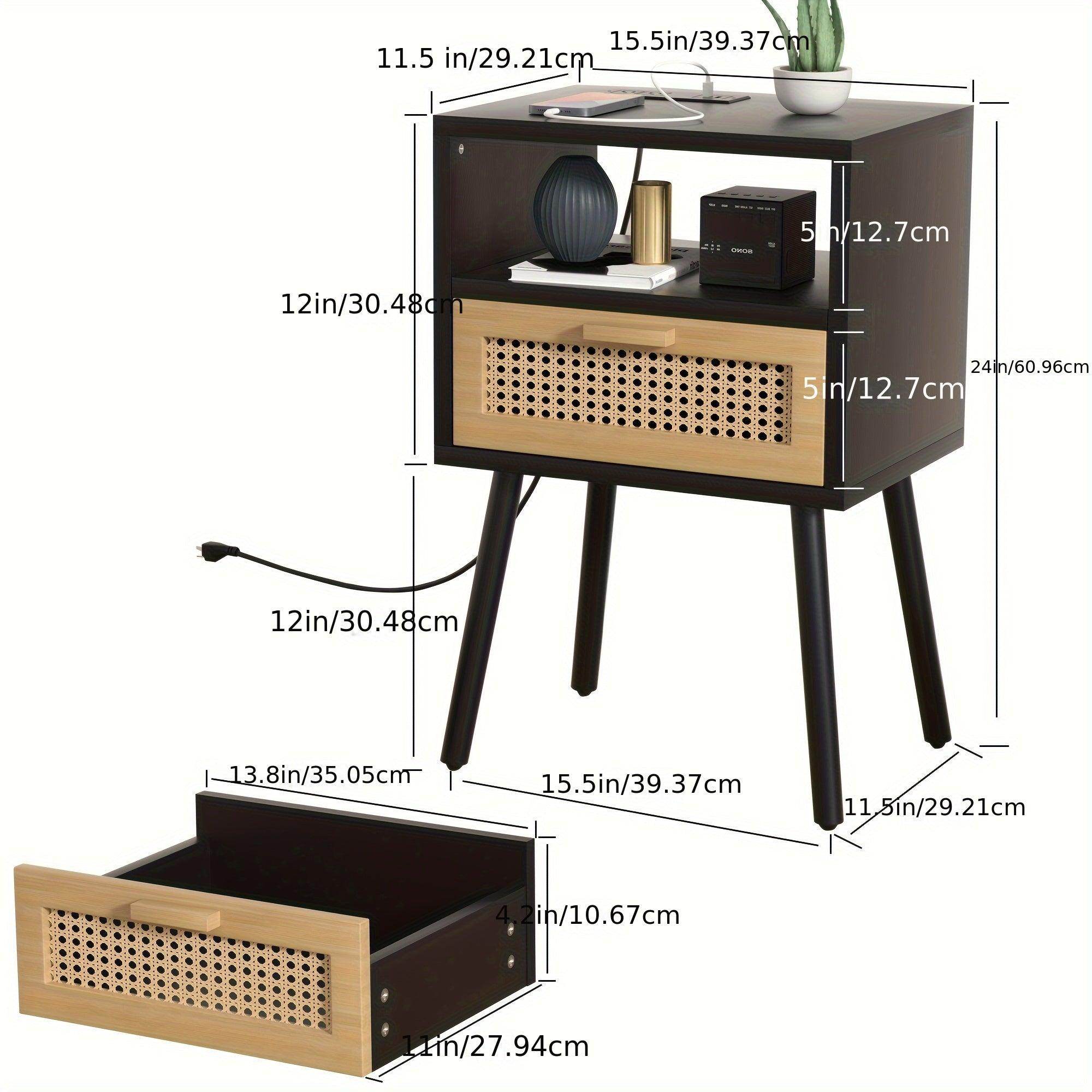 Rattan Nightstand with Charging Station & Storage Drawers - My Store