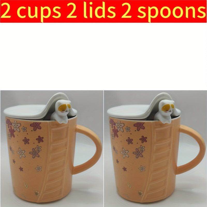 Cat-Themed Ceramic Mug Set - 2 Cups with Lids and Spoons - My Store