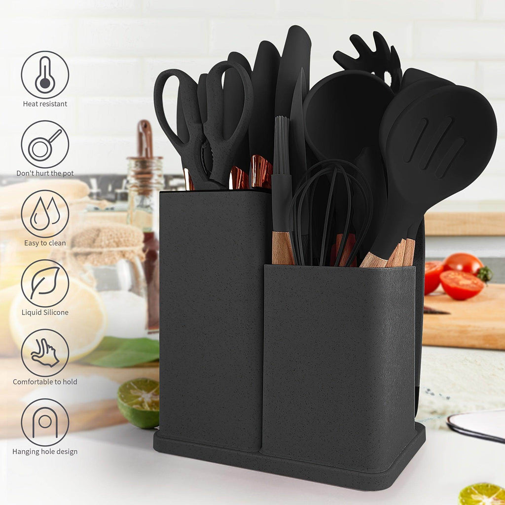 19pcs Silicone Kitchen Utensil Set with Wooden Handles - My Store