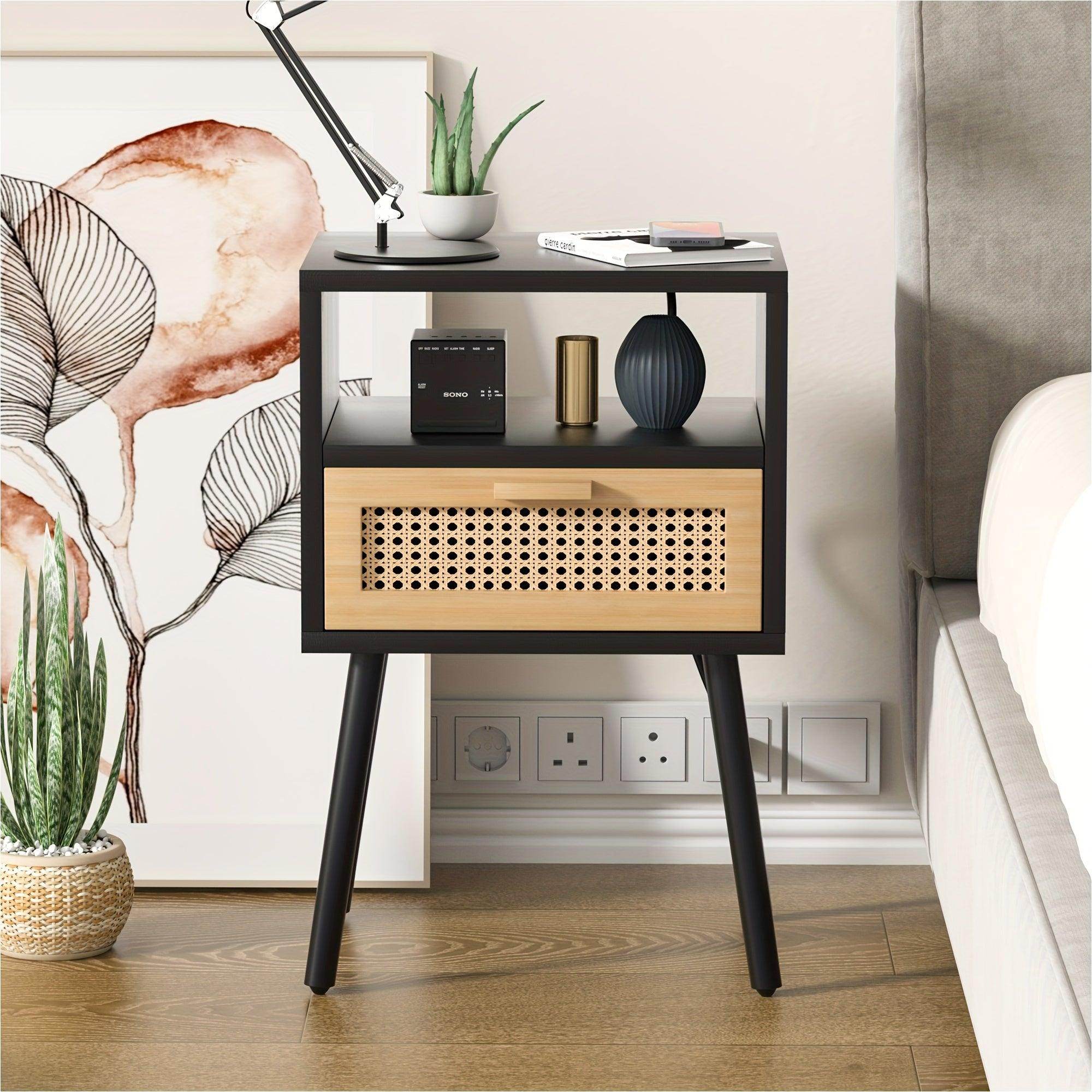 Rattan Nightstand with Charging Station & Storage Drawers - My Store