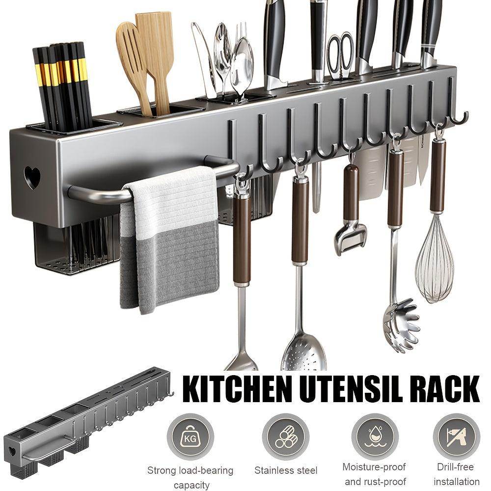 Wall-Mounted Stainless Steel Kitchen Utensil Rack with Hooks & Utensil Holder - My Store