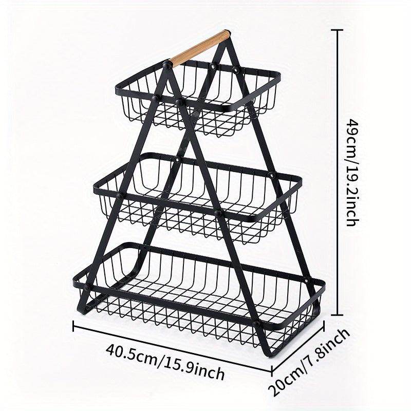 2/3-Tier Metal Wire Storage Basket with Wooden Handle - My Store