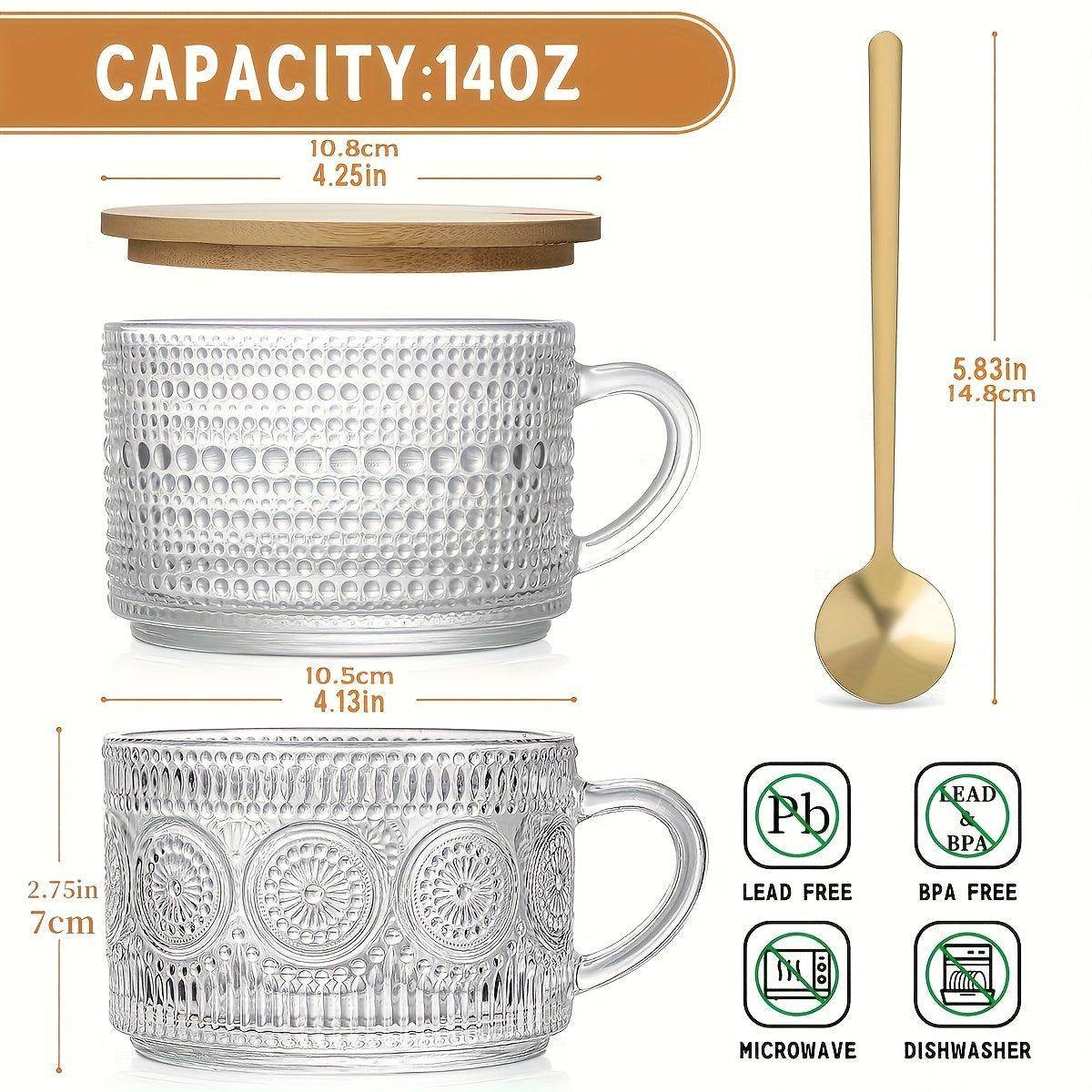 4/2pcs Coffee Cup Set - Embossed Tea Cup with Bamboo Lid & Spoon - My Store