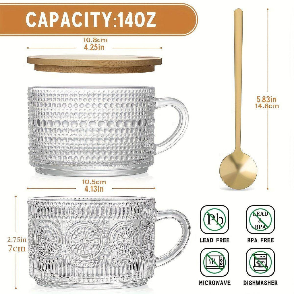 4/2pcs Coffee Cup Set - Embossed Tea Cup with Bamboo Lid & Spoon - My Store