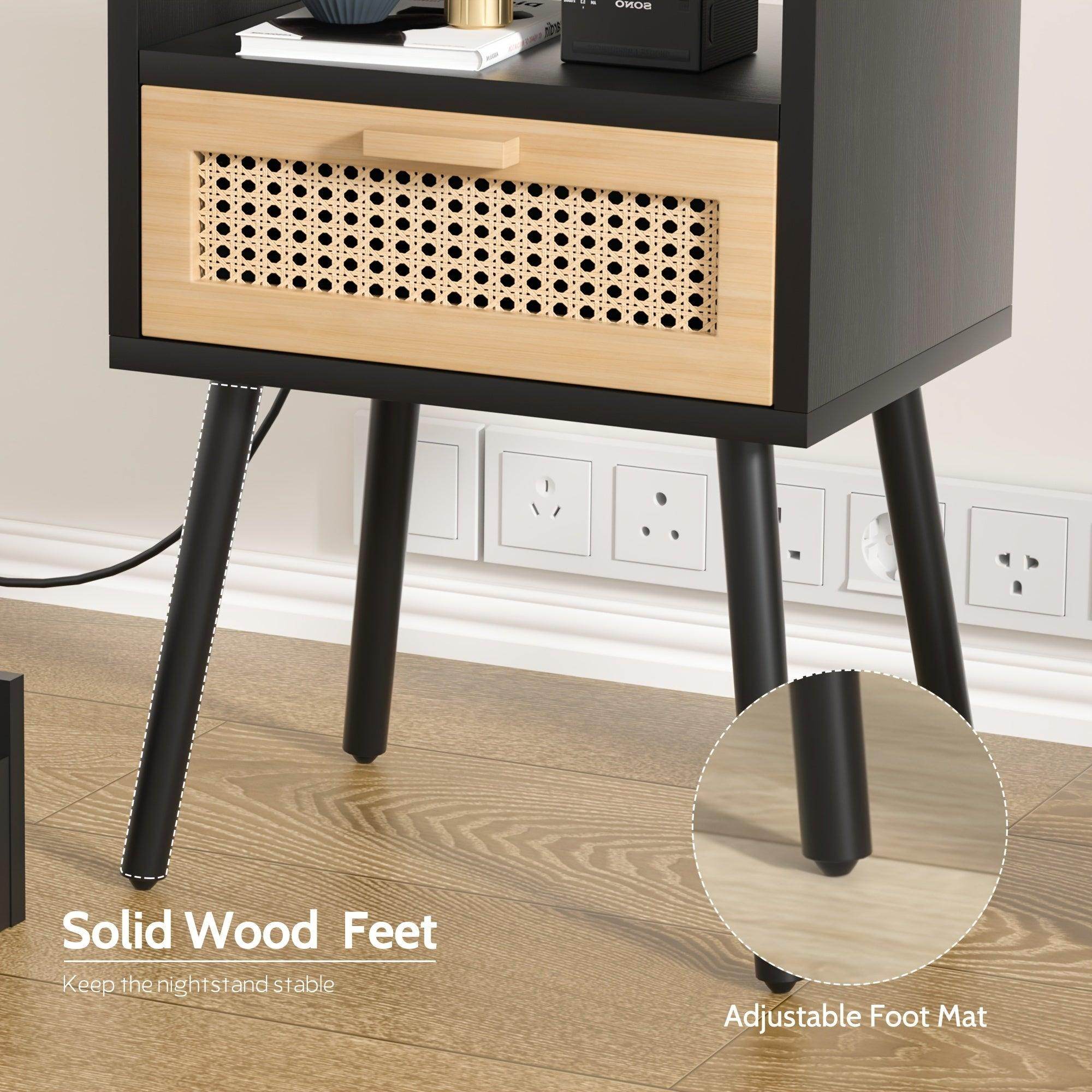 Rattan Nightstand with Charging Station & Storage Drawers - My Store
