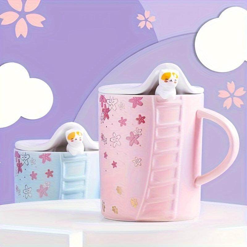 Cat-Themed Ceramic Mug Set - 2 Cups with Lids and Spoons - My Store