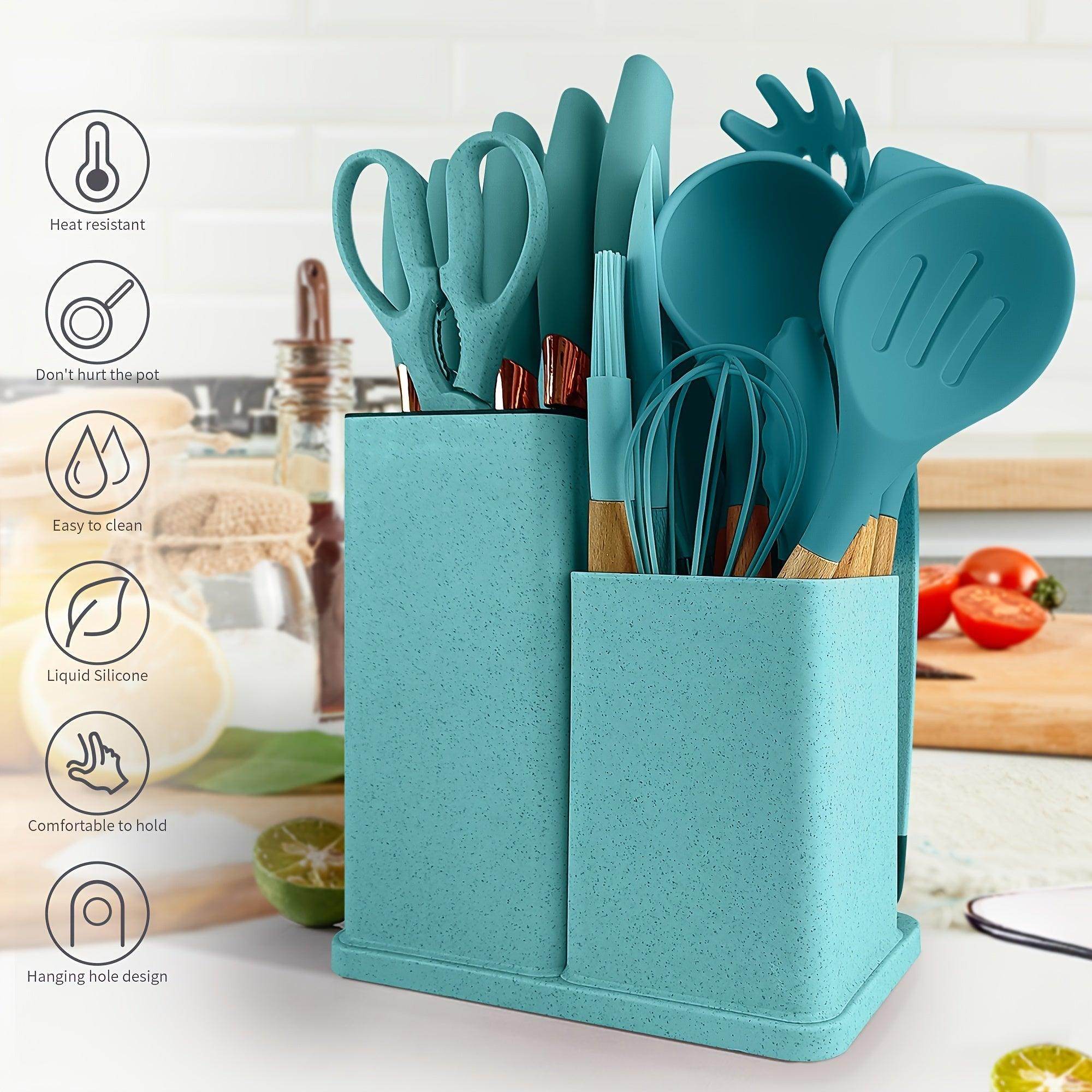 19pcs Silicone Kitchen Utensil Set with Wooden Handles - My Store