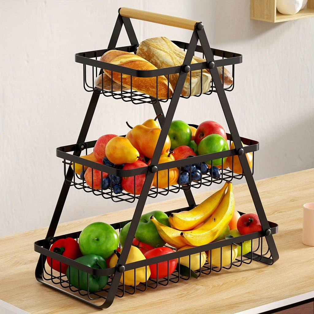 2/3-Tier Metal Wire Storage Basket with Wooden Handle - My Store