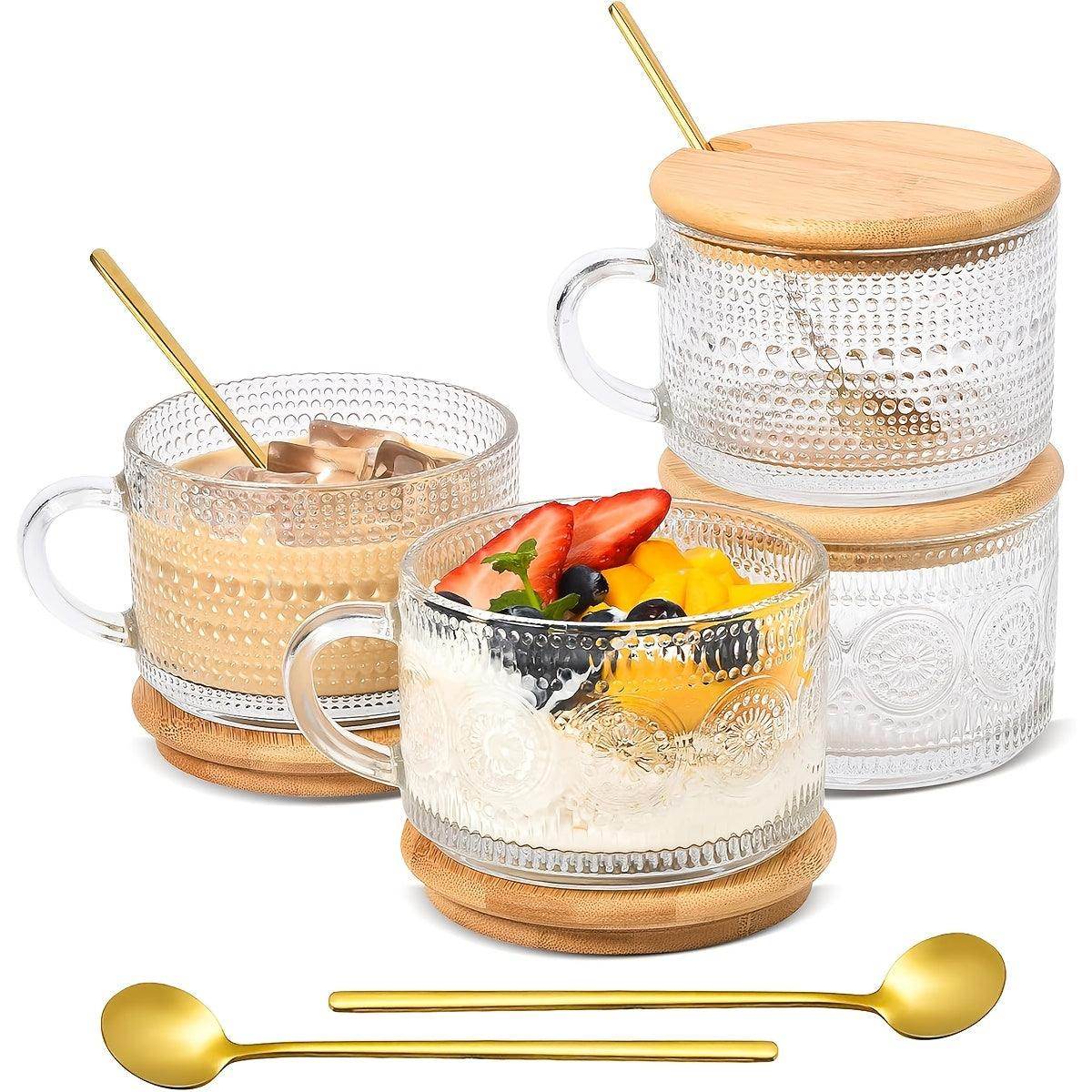 4/2pcs Coffee Cup Set - Embossed Tea Cup with Bamboo Lid & Spoon - My Store