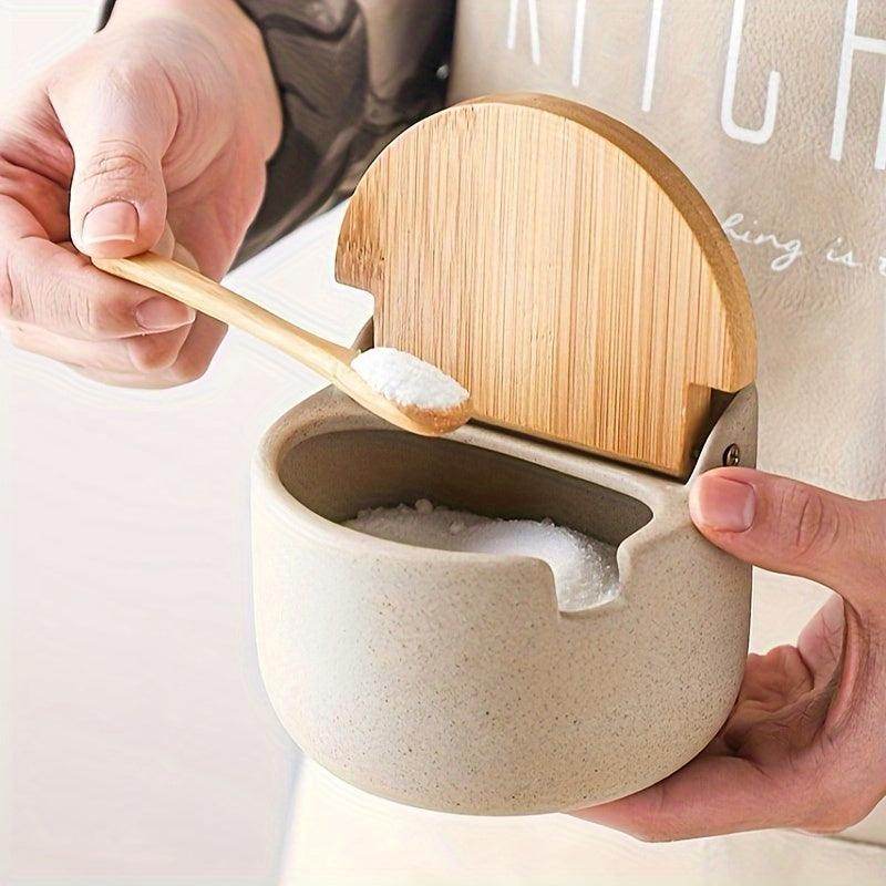 Rustic Ceramic Seasoning Jar with Bamboo Lid & Spoon - My Store