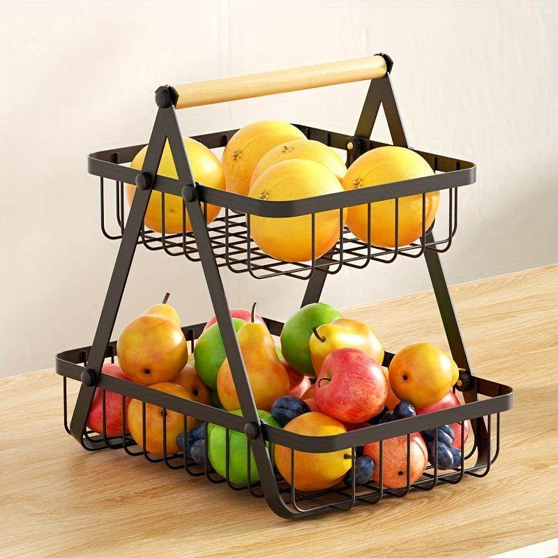 2/3-Tier Metal Wire Storage Basket with Wooden Handle - My Store