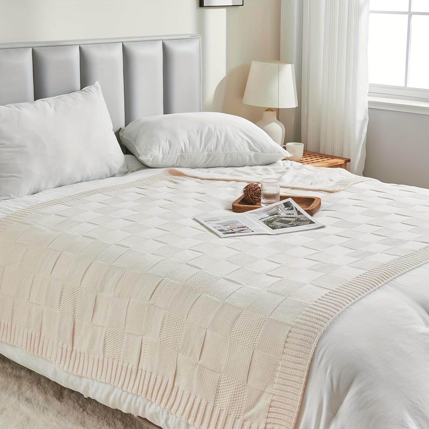 White Checkered Knit Throw Blanket - My Store