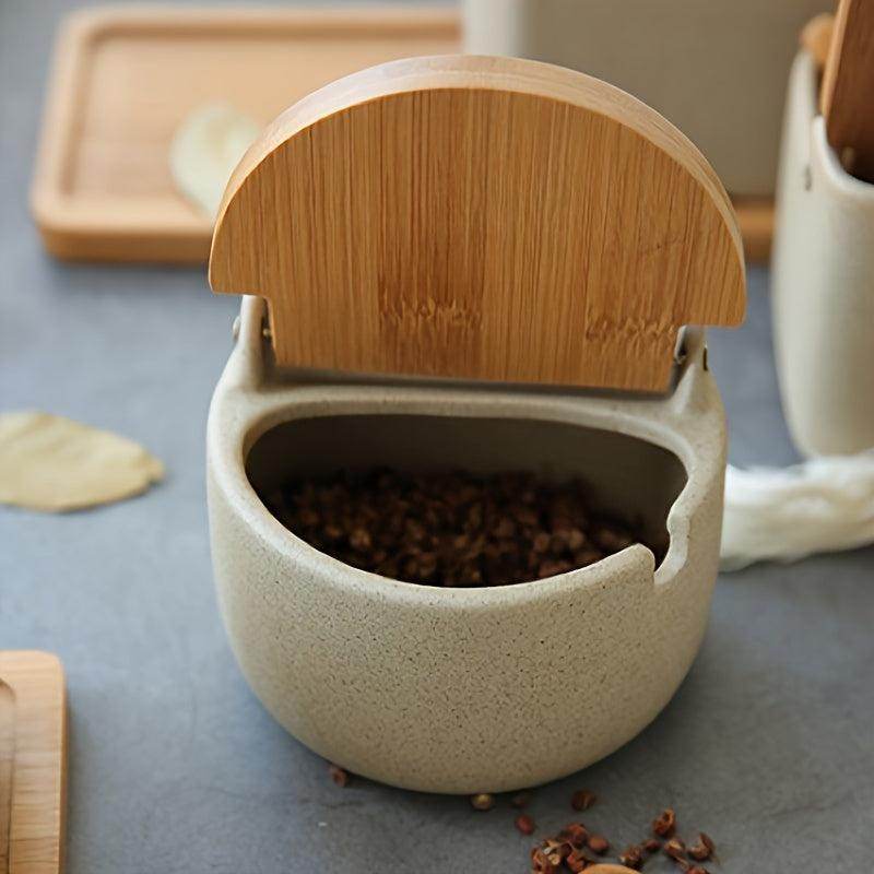 Rustic Ceramic Seasoning Jar with Bamboo Lid & Spoon - My Store