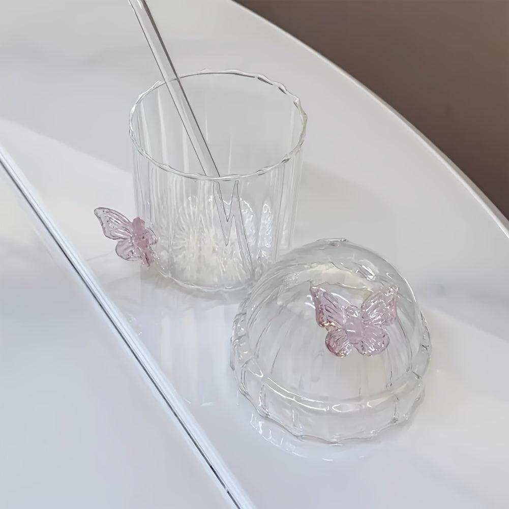 Pink Butterfly Glass Cup Set - 400ml with Lid & Straw - My Store