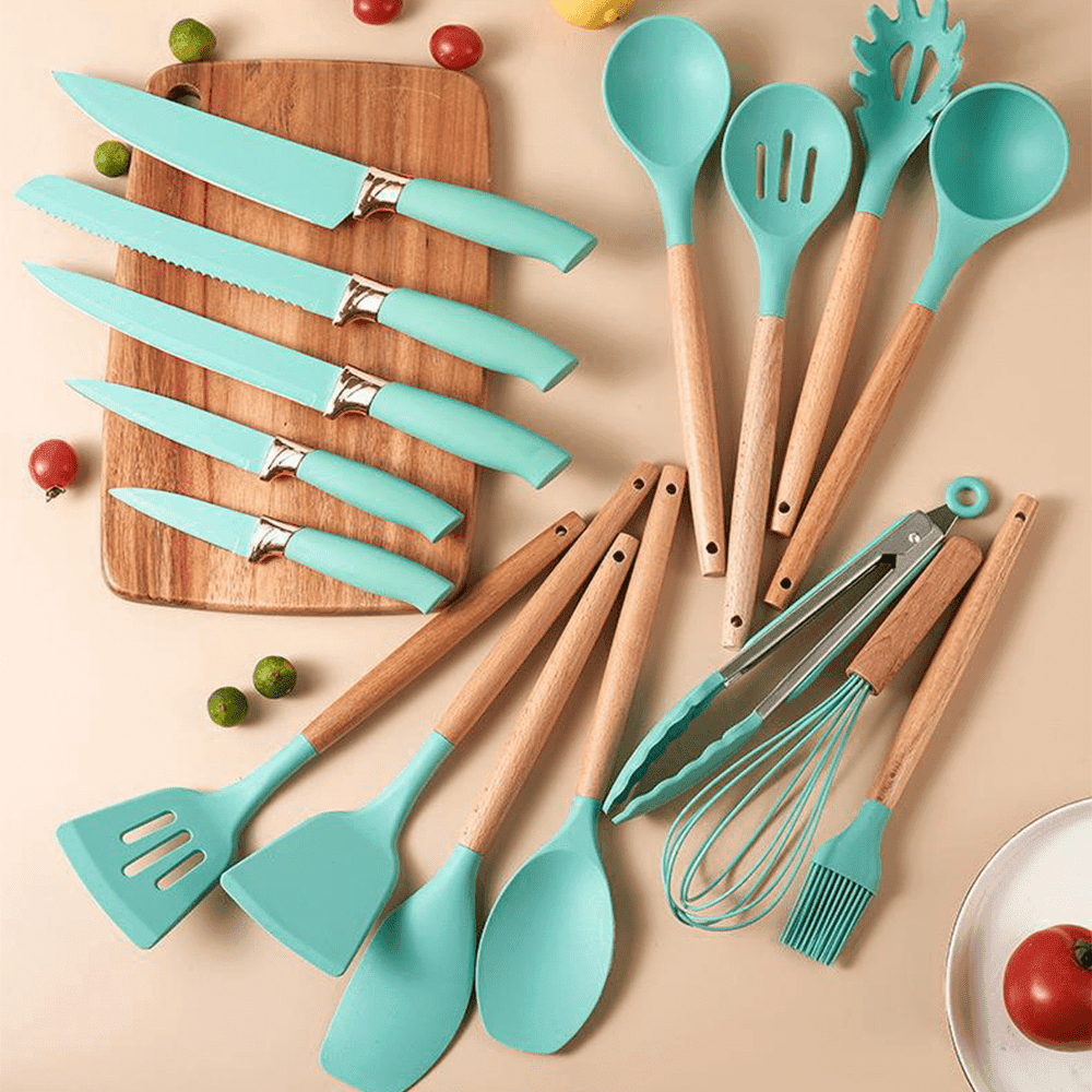 19pcs Silicone Kitchen Utensil Set with Wooden Handles - My Store