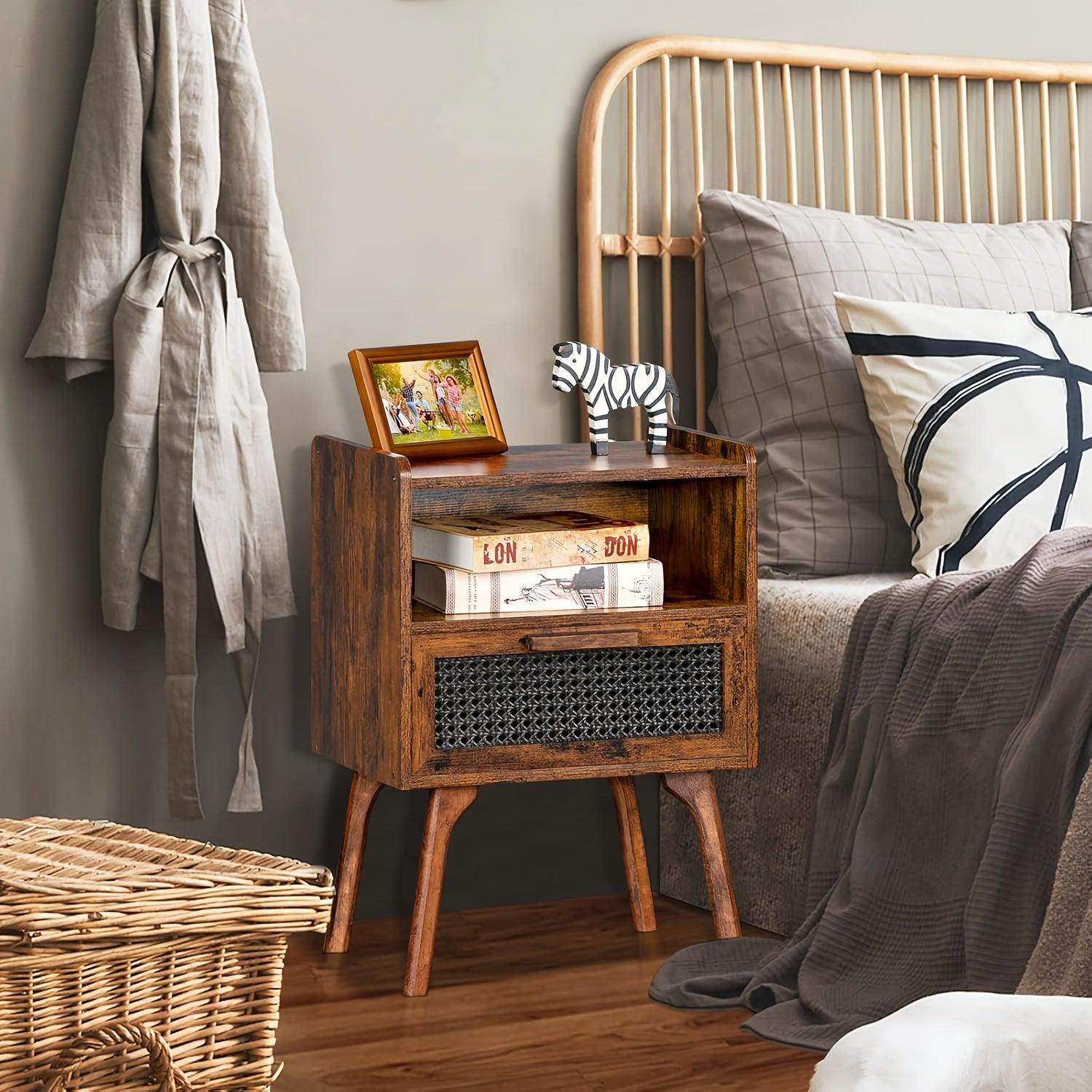 Natural Boho Rattan Nightstand with Drawer and Open Shelf - My Store