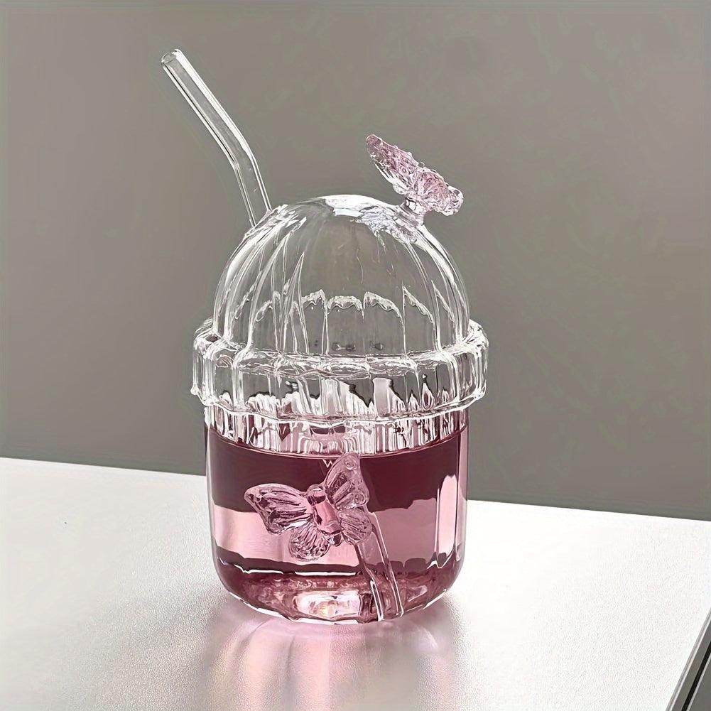 Pink Butterfly Glass Cup Set - 400ml with Lid & Straw - My Store