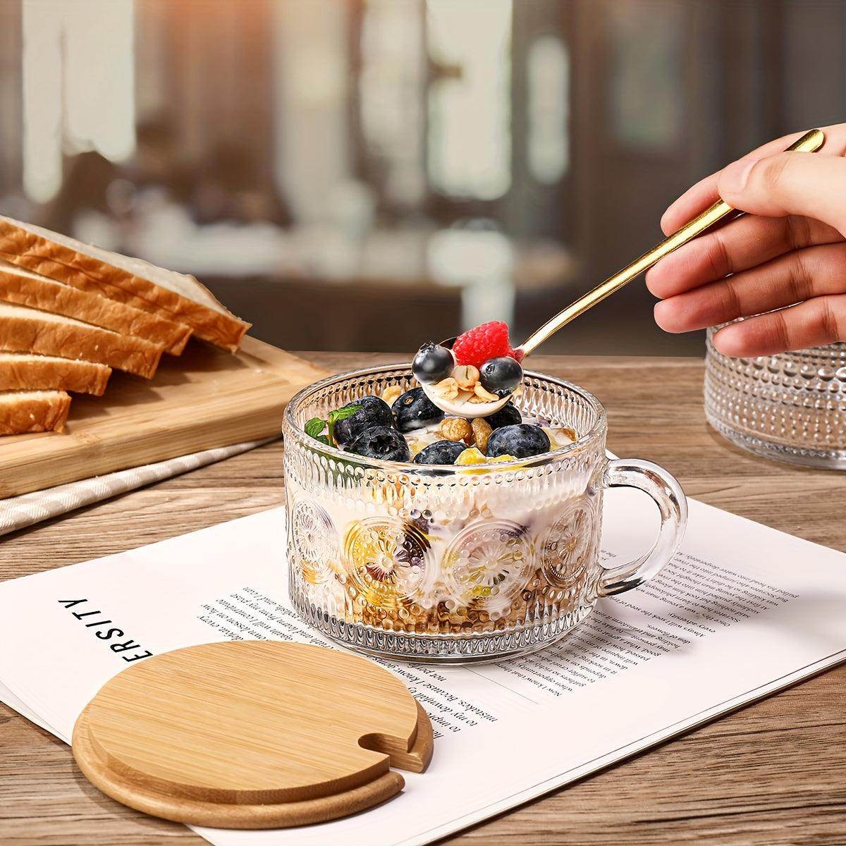 4/2pcs Coffee Cup Set - Embossed Tea Cup with Bamboo Lid & Spoon - My Store