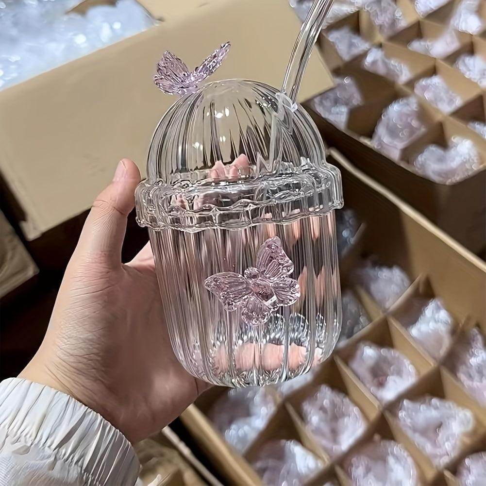 Pink Butterfly Glass Cup Set - 400ml with Lid & Straw - My Store