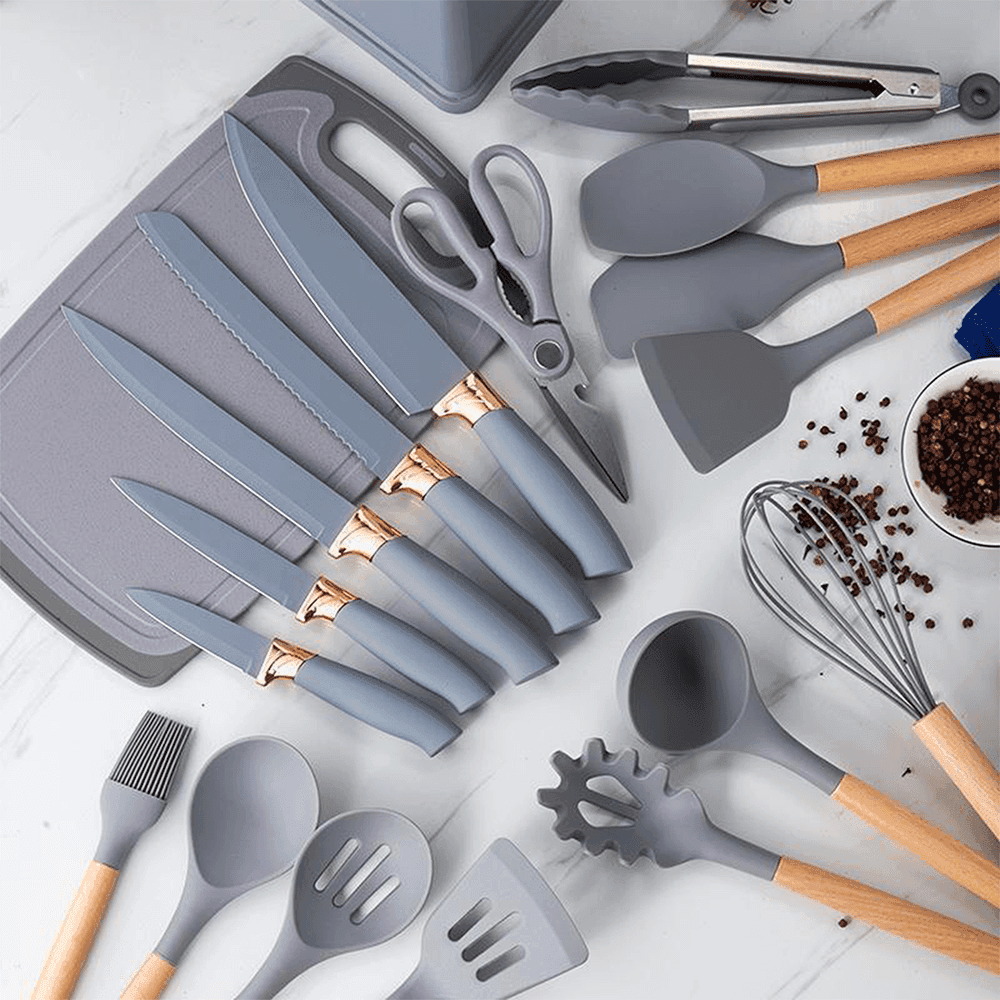 19pcs Silicone Kitchen Utensil Set with Wooden Handles - My Store