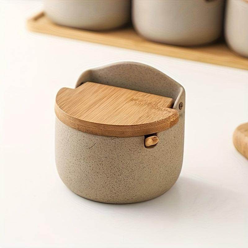Rustic Ceramic Seasoning Jar with Bamboo Lid & Spoon - My Store
