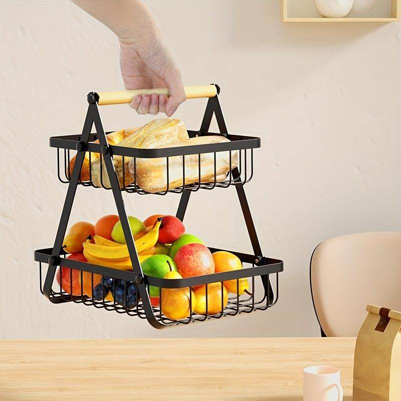 2/3-Tier Metal Wire Storage Basket with Wooden Handle - My Store