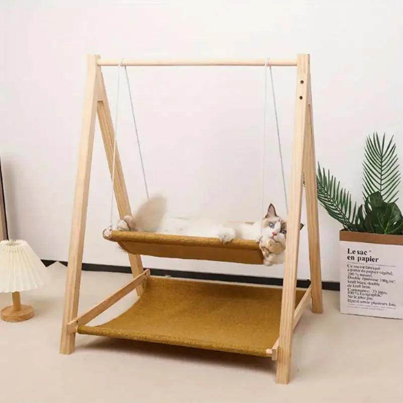 Cozy Dual-Level Wooden Cat Swing Bed - My Store